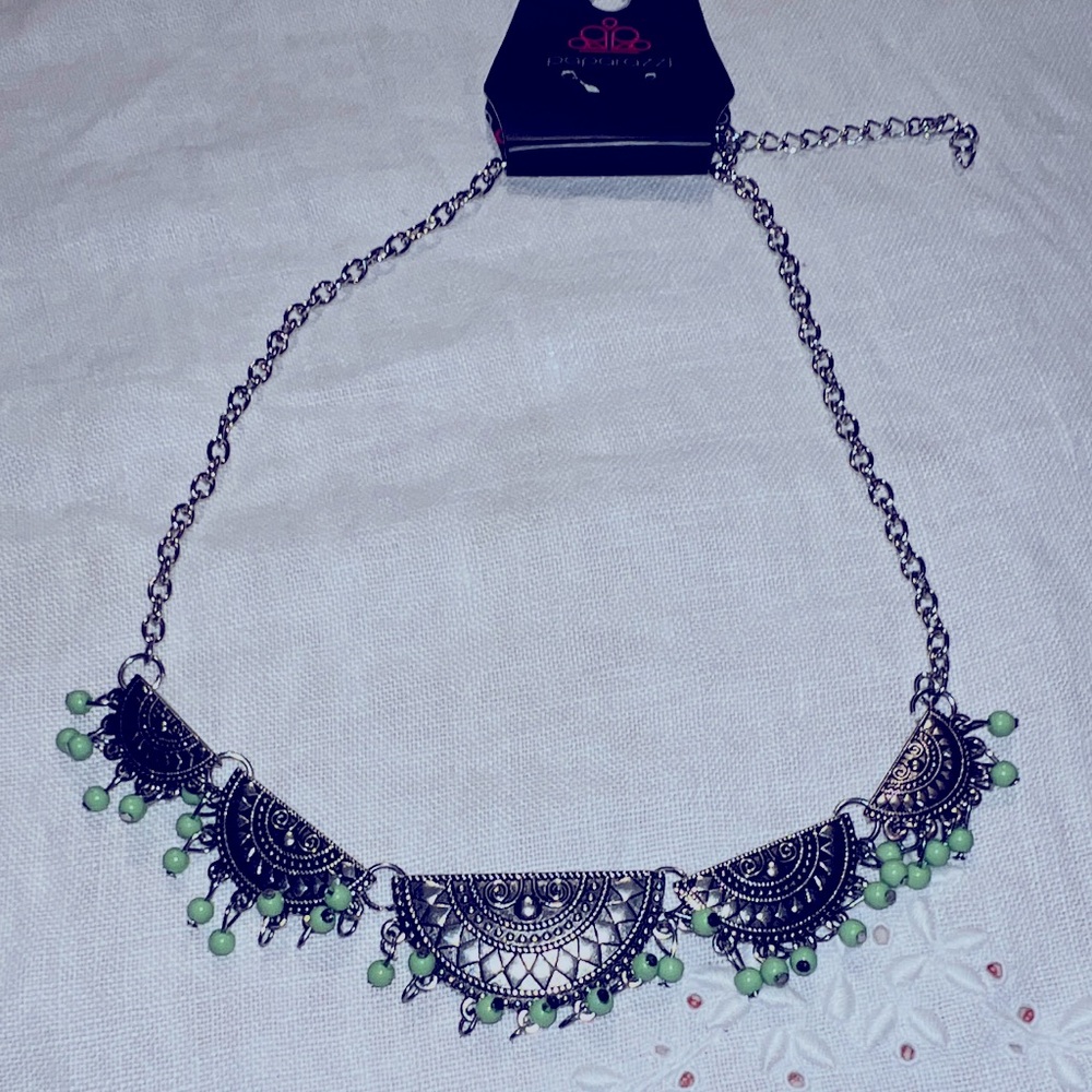 Boho silver tone necklace with green beads 16in western boho